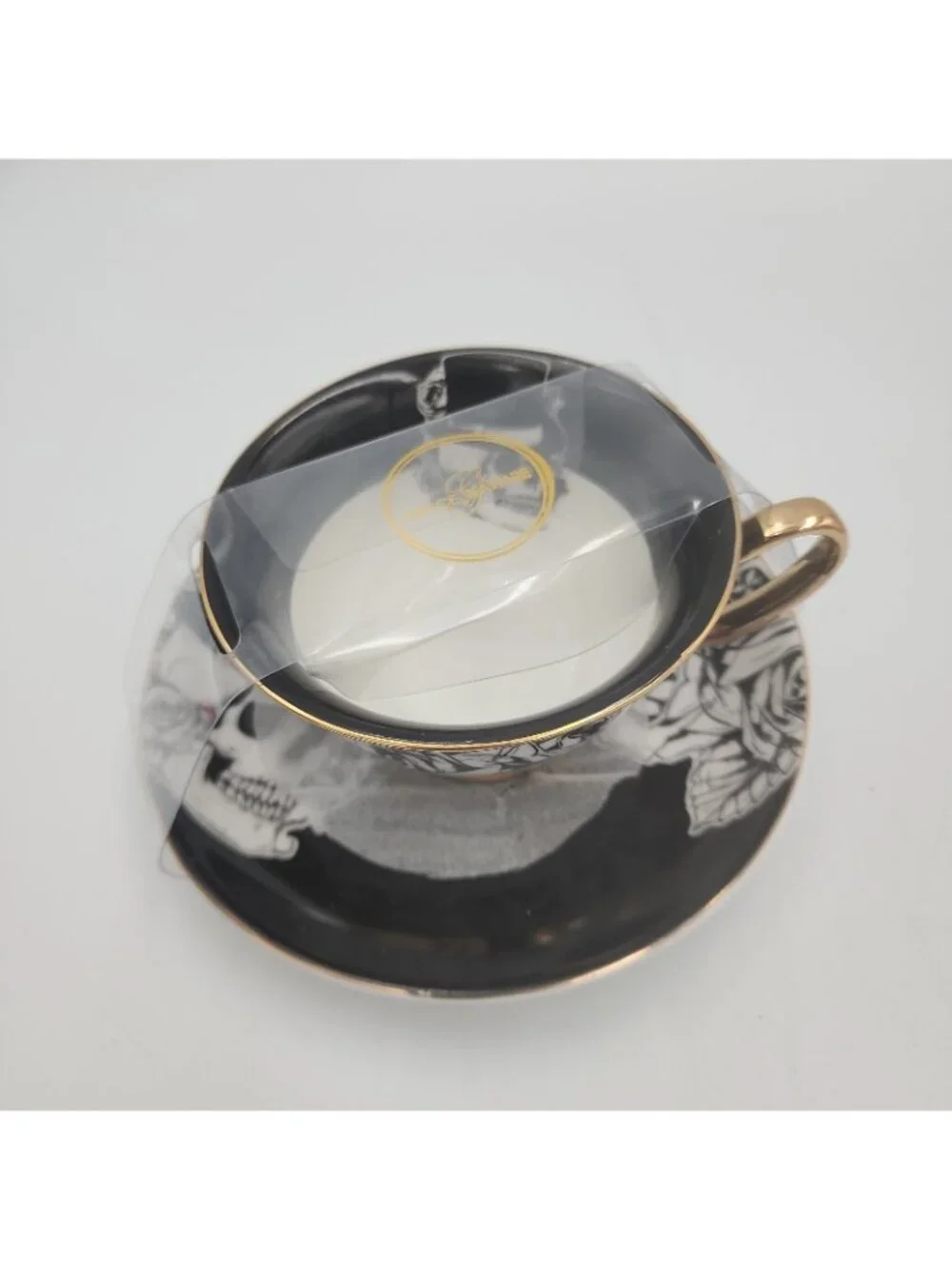 Grace Teaware Black White Top Hat SKULL & ROSES Cup & Saucer w/Gold NEW Gothic